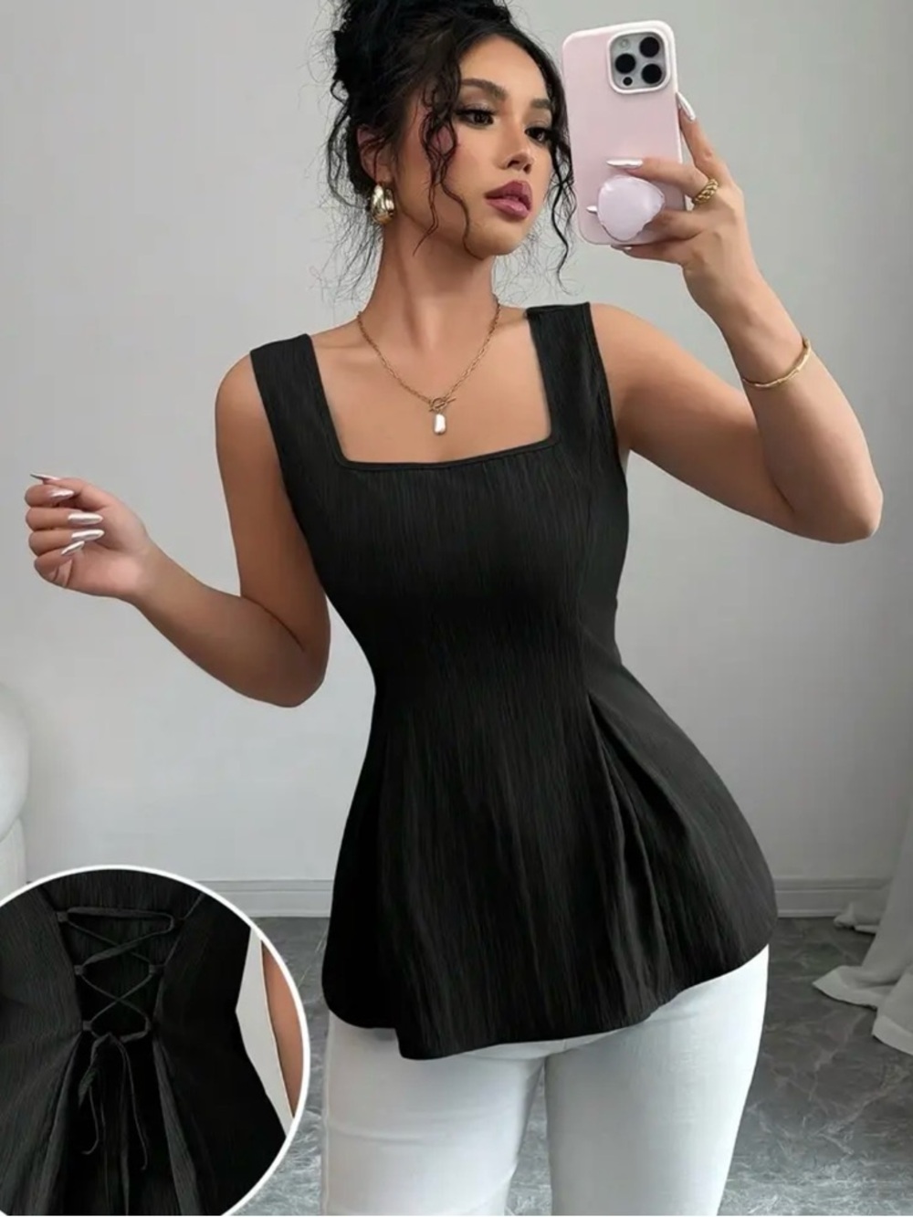 Black Square-Neck Sleeveless Peplum Tank Top